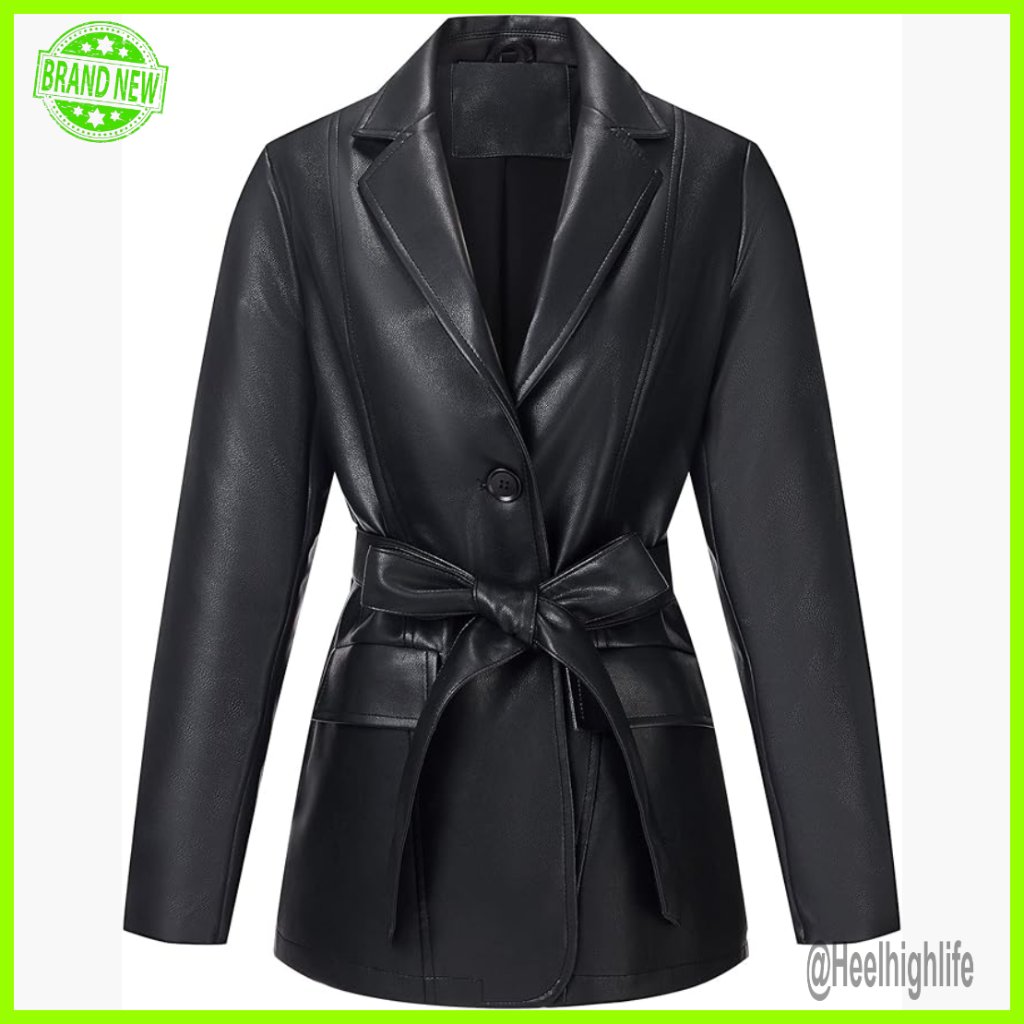 Faux Leather Blazer Jacket With Detachable Belt, Lapel Collar, Long Sleeves